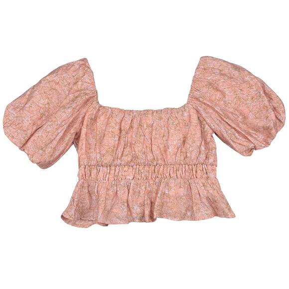 ASTR The Label Theron Bubble Sleeve Peplum Top Sz Small Pink Taupe Floral - Picture 7 of 7